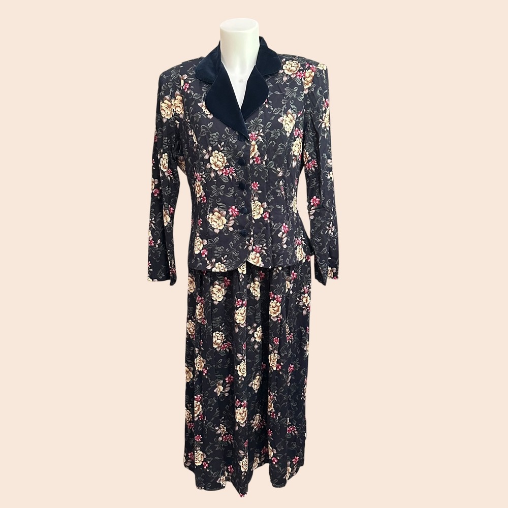 Vintage Karin Stevens Faux 2- Pc Longsleeeve Maxi Dress Suit Cottagecore sz 14